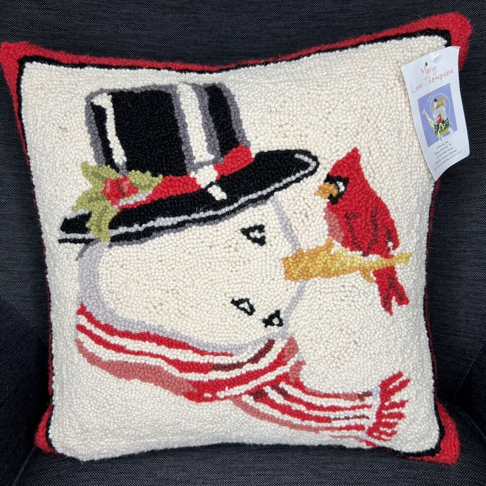 Mary Lake Thompson NEW Accent Pillow Christmas Snowman Cardinal Wool Hooked 18"